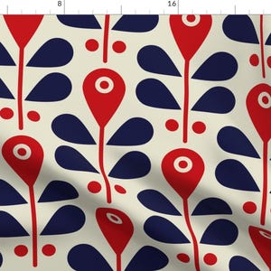 Scandi Floral Fabric - Scandinavian Flowers by roucoucou - Blue Red Retro Geometric Plants Bold Folk Art Fabric by the Yard by Spoonflower