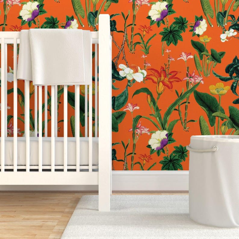 Floral Wallpaper - Vintage Floral Orange By Bruxamagica - Vintage Floral Custom Printed Removable Adhesive Wallpaper Roll by Spoonflower image 6