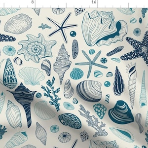 Seashell Fabric - Seashells On Off White By Katerina Kirilova - Blue White Coastal Nautical Beach Cotton Fabric By The Yard With Spoonflower