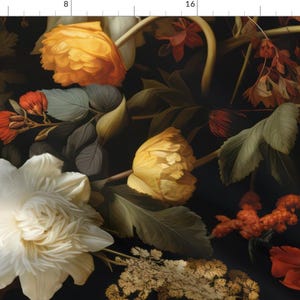 Victorian Floral Fabric - Large Scale Moody Flowers by grown_from_glass - Orange White Black Leaves Moody  Fabric by the Yard by Spoonflower
