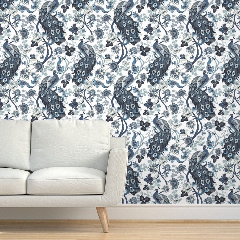 Chinoiserie Peacock Wallpaper Chinoiserie Peacock Blue by - Etsy