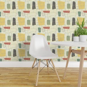 1950s Wallpaper - Fifties By Owlandchickadee - Retro Mid Century Yellow Green Navy Removable Self Adhesive Wallpaper Roll by Spoonflower
