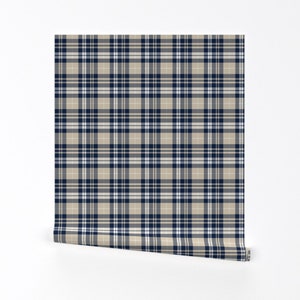 Fall Plaid Wallpaper - Navy Tan White Tartan By Littlearrowdesign - Custom Printed Removable Self Adhesive Wallpaper Roll by Spoonflower