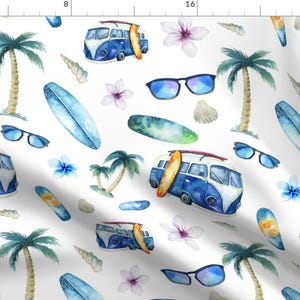 Watercolor Beach Van Fabric - Watercolor Beach By Peace_Shop - Bus Beach Surfing Summer Palm Tree Cotton Fabric By The Yard With Spoonflower