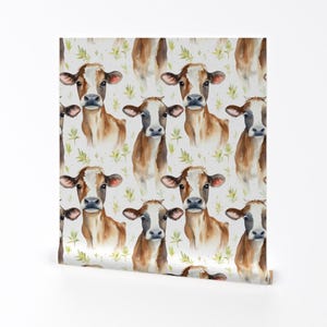 Watercolor Cows Removable Peel and Stick Wallpaper - Brown Green White Country Farm - Wall Art Wall Decor - Cows Floral by loveandwishes