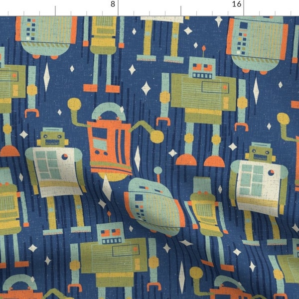 Robots Fabric - Retro Mod Tin Toy Bot Collection Mm Navy Blue Medium By Friztin by friztin - Tin Toy Blue Fabric by the Yard by Spoonflower