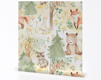 Animals Wallpaper - Woodland Baby Animals In Forest By Utart - Nursery Custom Printed Removable Self Adhesive Wallpaper Roll by Spoonflower