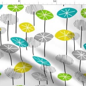 May include: A white background with a repeating pattern of abstract shapes in shades of grey, teal, yellow, and green. The shapes resemble stylised flowers with a starburst in the centre.