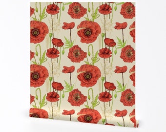 Red Poppies Wallpaper - Poppy By Veraholera- Large Bloom Wildflower Custom Printed Removable Self Adhesive Wallpaper Roll by Spoonflower