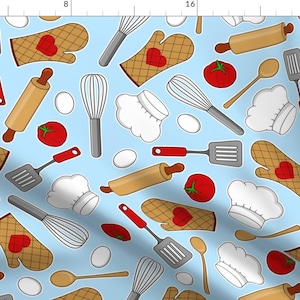 Chef Fabric - In The Kitchen Blue By Jannasalak - Cook Cooking Rolling Pin Whisk Kitchen Tools Cotton Fabric By The Yard With Spoonflower