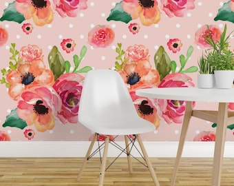Floral Wallpaper - Floral Polka in Pink by Shop Cabin - Custom Printed Removable Self Adhesive Wallpaper Roll by Spoonflower