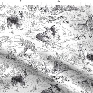 Farm Toile Fabric - Country Dog Toile by vinpauld - Toile De Jouy Sheep Dog Australian Shepherd Fabric by the Yard by Spoonflower