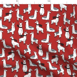 Llamas Fabric - Llama In Scarf Winter Cute Alpaca - Red By Andrea Lauren - Llama Alpaca Winter Cotton Fabric By The Yard With Spoonflower