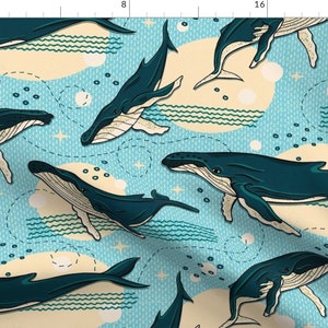 Whale Fabric - The Humpback Whale Dance By Simplulina -Whale Blue Beige Ocean Nautical Endangered Cotton Fabric By The Yard With Spoonflower