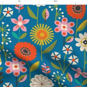 Retro Florals Fabric - Mid Century Garden by sally_mountain - Flower Vintage Blue Floral Retro Geometric Fabric by the Yard by Spoonflower