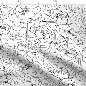 Black Peony Fabric - Peony Contour Line Drawing By New Branch Studio - Peony Black White Floral Cotton Fabric By The Yard With Spoonflower