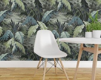 Vintage Jungle Peel and Stick Wallpaper - Palm Fronds Exotic Plants Coastal - Removable Wall Decor Art - Art Deco Tropical by fischkandi