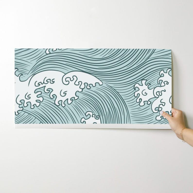 Ocean Waves Wallpaper - Japanese Waves By Sveta Aho - Pine Green Mint Blue Nautical Removable Self Adhesive Wallpaper Roll by Spoonflower image 9