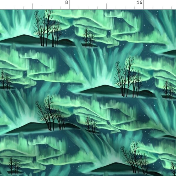 Green Aurora Borealis Fabric - Aurora Borealis By Vinpauld - Watercolor Aurora Borealis Cotton Fabric By The Yard With Spoonflower