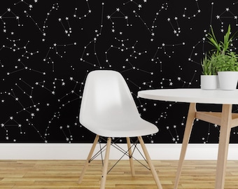 星座壁紙 - Eleventy-Fiveによる黄道十二星座の星々 - Spoonflowerによる黒色の剥がせる粘着壁紙ロール