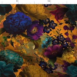May include: A vibrant floral pattern featuring a variety of flowers in shades of blue, purple, teal, and yellow on a mustard yellow background. The flowers are arranged in a random pattern and appear to be overlapping.