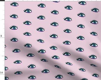 Eyes Fabric - Look At Me By Dearchickie - Blue Eyes Eyelashes Hipster Trendy Bold Millennial Pink Cotton Fabric By The Yard With Spoonflower