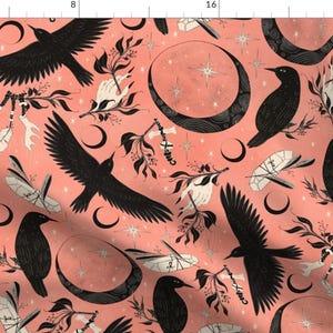 Raven Pink Halloween Moon Fabric - Raven Tarot Birds Black And Pink By Lidiebug - Raven Birds Cotton Fabric By The Yard With Spoonflower