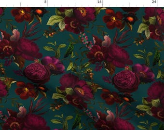 May include: A teal background with a repeating pattern of dark red and purple flowers. The flowers are arranged in a random pattern and are surrounded by green leaves.