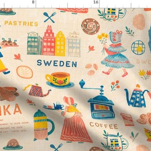 Swedish Tea Time Fabric - Fika by grace_andersson - Coffee Traditional Sweden Coffee Break Tea Time Beige  Fabric by the Yard by Spoonflower