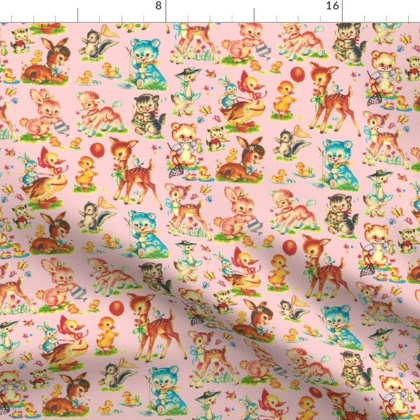 Retro Baby Animals Fabric - Pink Vintage Baby Animal By Parisbebe - Kitsch Baby Girl Nursery Cotton Fabric by the Yard with Spoonflower