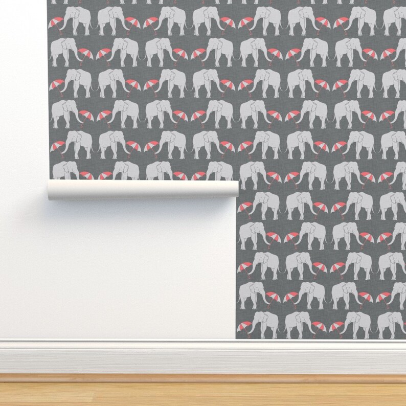 Elephant Wallpaper Elephant and Umbrella Coral by Holli - Etsy