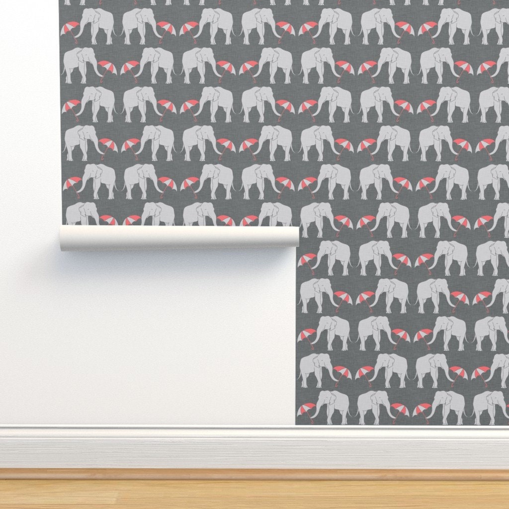 Elephant Wallpaper Elephant and Umbrella Coral by Holli - Etsy