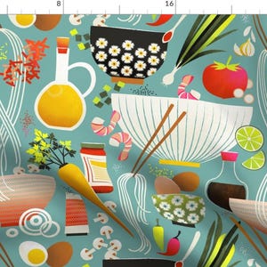 Noodle Fabric - Hot Noodles By Lauracmoyer - Ramen Bowls Kitchen Recipe Ingredients Teal Blue Cotton Fabric By The Yard With Spoonflower