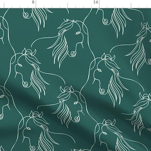 Horse Fabric - Horse Continuous Line Art By Daily Miracles - Teal White Equestrian Mare Horseback Cotton Fabric By The Yard With Spoonflower
