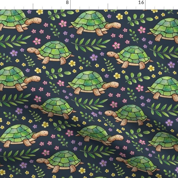 Tortoise Green Fabric - Tortoises And Flowers On Navy-Grey - Large Scale By Hazelfishercreations - Tortoise Fabric With Spoonflower