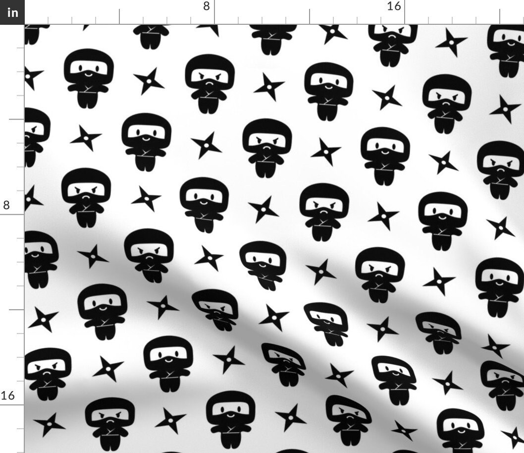 Black and White Kawaii Ninja Fabric Happy Grumpy Ninjas by - Etsy