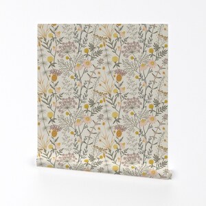 Cottage Garden Wallpaper - Botanical Weeds by garabateo - Pastel Mustard Gold Vector Art Removable Peel and Stick Wallpaper by Spoonflower