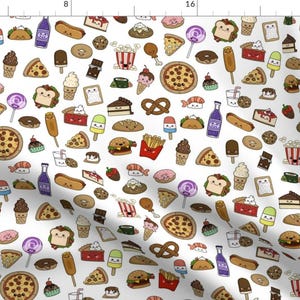 May include: A white background with a repeating pattern of various cartoon foods. The foods include pizza, ice cream, hot dogs, pretzels, tacos, cupcakes, and more. Each food has a cute face.