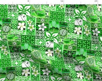 Green Tiki Fabric - New Hawaiian Motif - Green By Madtropic - Tiki Vintage Island Summer Topical Cotton Fabric By The Yard With Spoonflower
