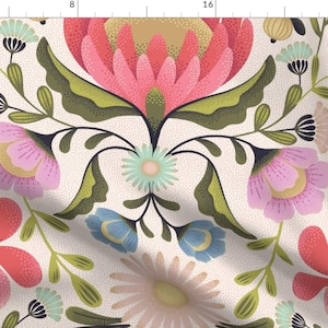 Jumbo Floral Fabric - Maximalist Folk Flowers By Garabateo - Folk Art Beige Large Scale Garden Cotton Fabric By The Yard With Spoonflower