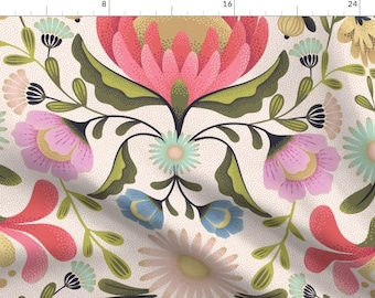 Jumbo Floral Fabric - Maximalist Folk Flowers By Garabateo - Folk Art Beige Large Scale Garden Cotton Fabric By The Yard With Spoonflower