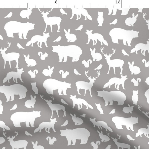 Grey and White Woodland Nursery Animal Fabric- Woodland Party fabric by Mint Peony - Grey Nursery Cotton Fabric by the Yard with Spoonflower