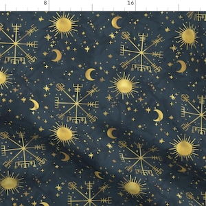 Talisman Fabric - Viking Compass By Olooriel - Vegvizir Black Yellow Stars Luck Talisman Sigil Cotton Fabric By The Yard With Spoonflower