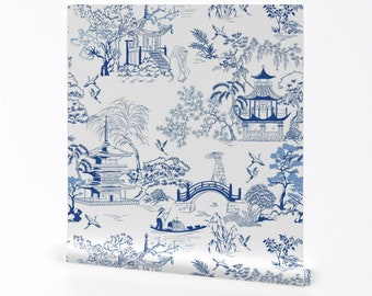Chinoiserie Wallpaper - Japanese Pagodas By Unalome Designs - Toile Custom Printed Removable Self Adhesive Wallpaper Roll by Spoonflower