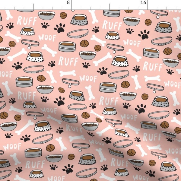 Dog Fabric - Puppy Pink Ruff Woof Dog Bone Paw Print Bowl Pet Illustration By Andrea Lauren - Cotton Fabric by the Yard With Spoonflower
