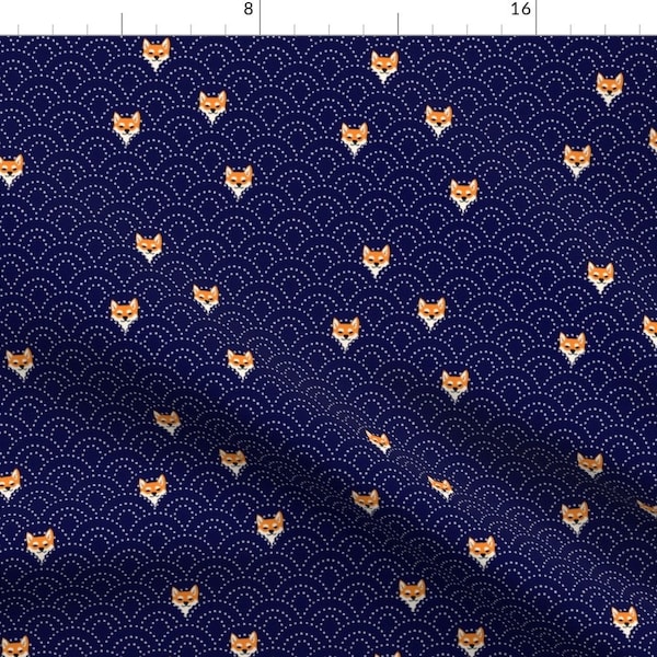 Shiba Fabric - Sashiko Shiba By Brooklynsouthern - Shiba Cute Orange Fox Navy Blue Kids Nursery Cotton Fabric By The Yard With Spoonflower