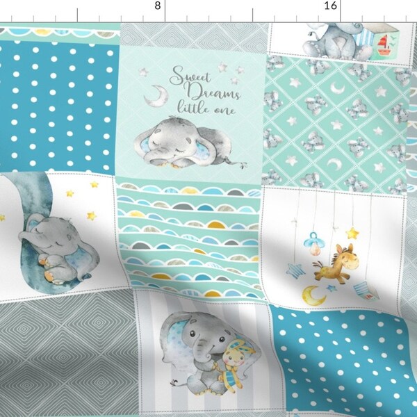 Blue Nursery Baby Quilt Fabric - Elephant Quilt Fabric – Baby Boy Patchwork Cheater Quilt Blocks (Teal, Mint, Gray) Ab By Gingerlous