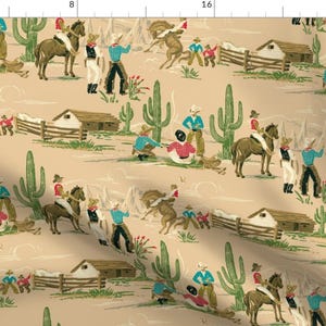 Retro Fabric - Cowboys Life by bradbury_&_bradbury - Brown Green Red Cactus Horse Cowboy Nostalgic Fabric by the Yard by Spoonflower