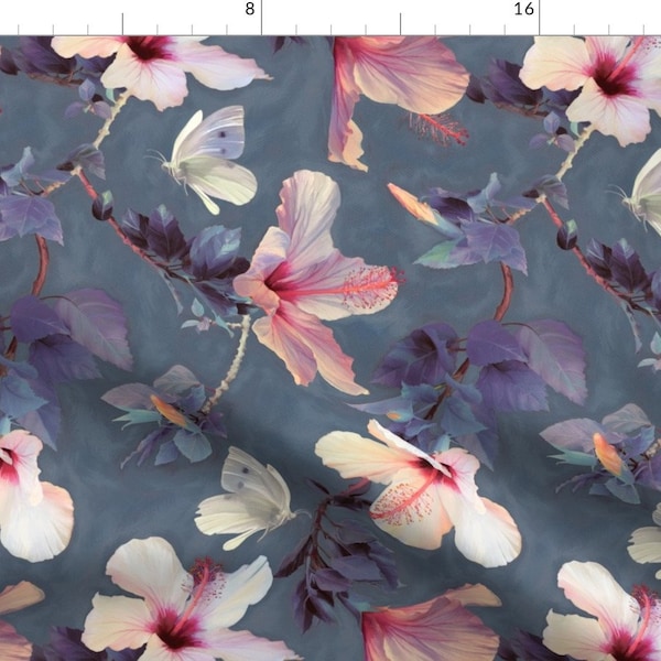 Hibiscus Fabric - Butterflies And Hibiscus Flowers - A Painted Pattern By Micklyn-Hibiscus Floral Cotton Fabric By The Yard With Spoonflower