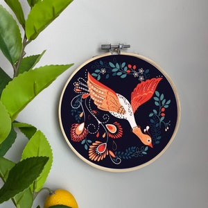 Bird Embroidery Template on Cotton - Yarn Tales By Cleorie Designs - Folklore Embroidery Pattern for 6&quot; Hoop Custom Printed by Spoonflower